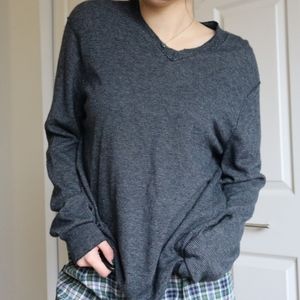 Grey Striped Cashmere V-Neck Sweater